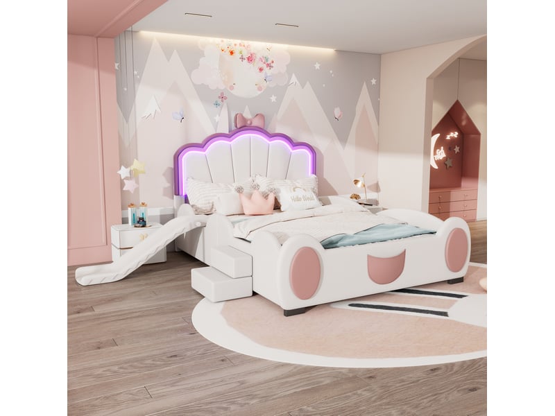  Lit enfant 140x200 cm avec toboggan, échelle et led, rose et blanc, motif papillon  - Conforama B
