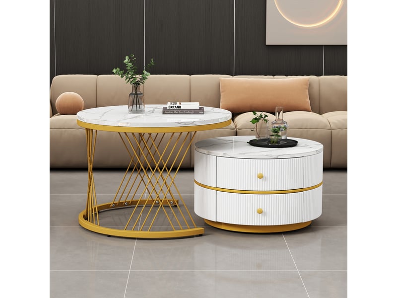  Table basse gigogne blanche lot de 2 tables basses rondes effet marbre avec 2 tiroirs  - Conforama E