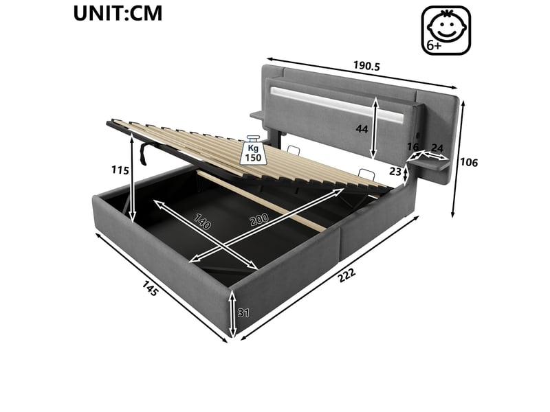 Lit 2 places 140x200 cm, lit coffre hydraulique, table de chevet usb, led, sommier à lattes, gris - Conforama E