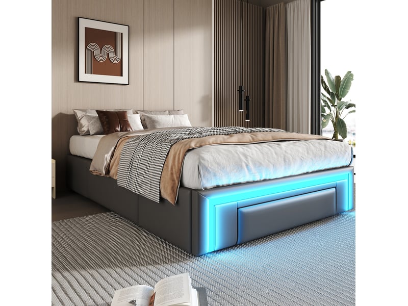  Modenvie lit avec tiroirs 90x200 cm - éclairage led, rangement intégré - sans tête de lit - gris  - Conforama E