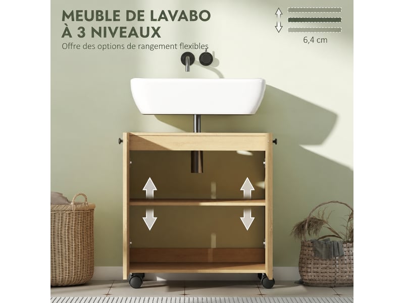  Meuble sous lavabo salle de bains en bois naturel, étagère réglable et roulettes verrouillables  - Conforama D