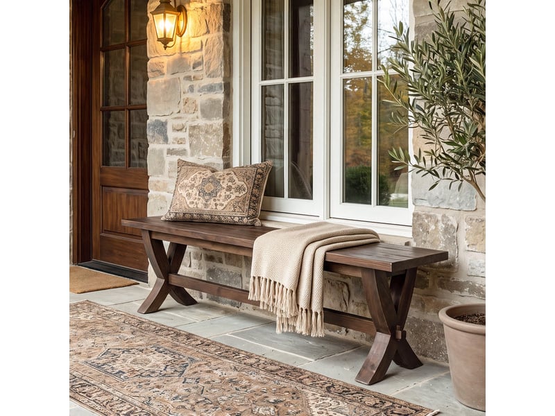  Banc en bois massif de 150 cm, banc d'entrée style maison de campagne avec pieds en croix, long banc de bout de lit en bois, banc rustique pour salon, chambre, couloir ou buanderie.  - Conforama D