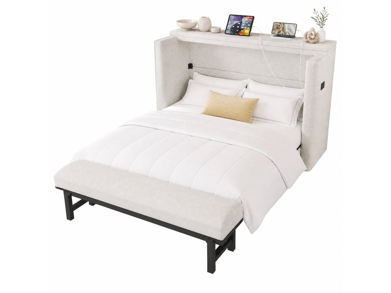 Lit escamotable 140 x 200 cm beige en lin avec tiroir, usb et type-c  - Conforama A