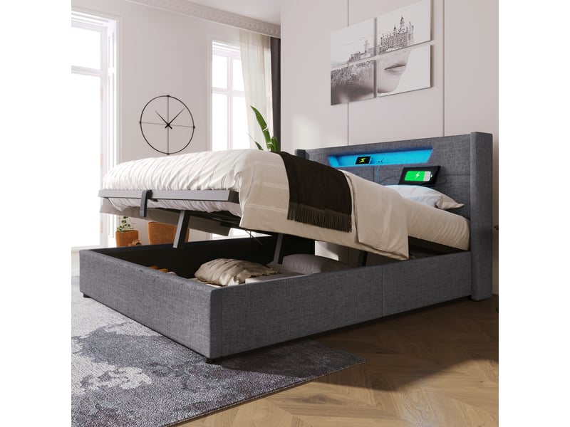  Lit capitonné 140x200cm pour chambre, éclairage led, ports usb type-c et rangement, gris, sans matelas  - Conforama E