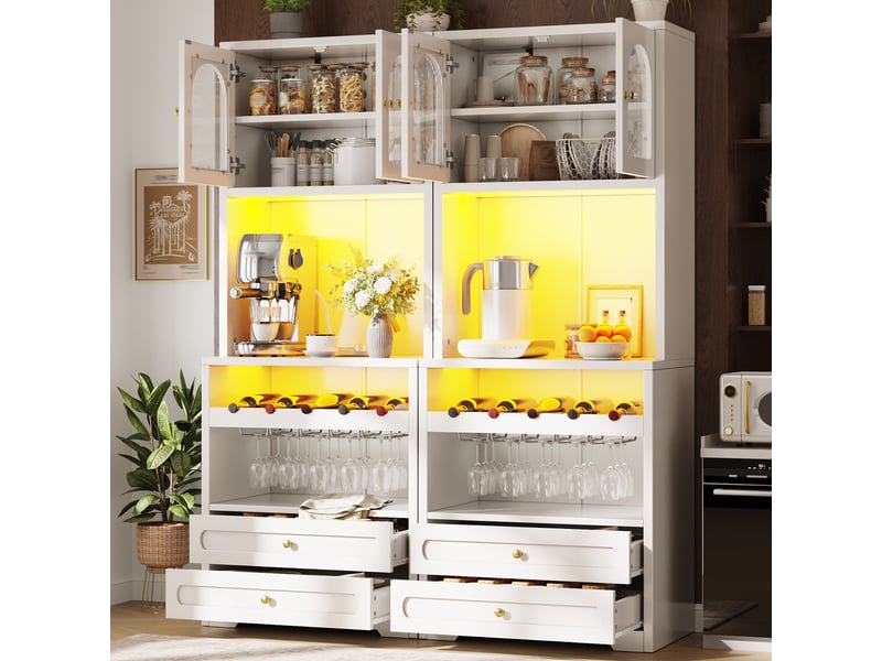  Buffet cuisine 4 portes et 4 tiroirs, 140 x 40 x 180 cm, éclairage led, étagères réglables, porte-verres et usb, mdf, blanc Morn Vibe - Conforama D