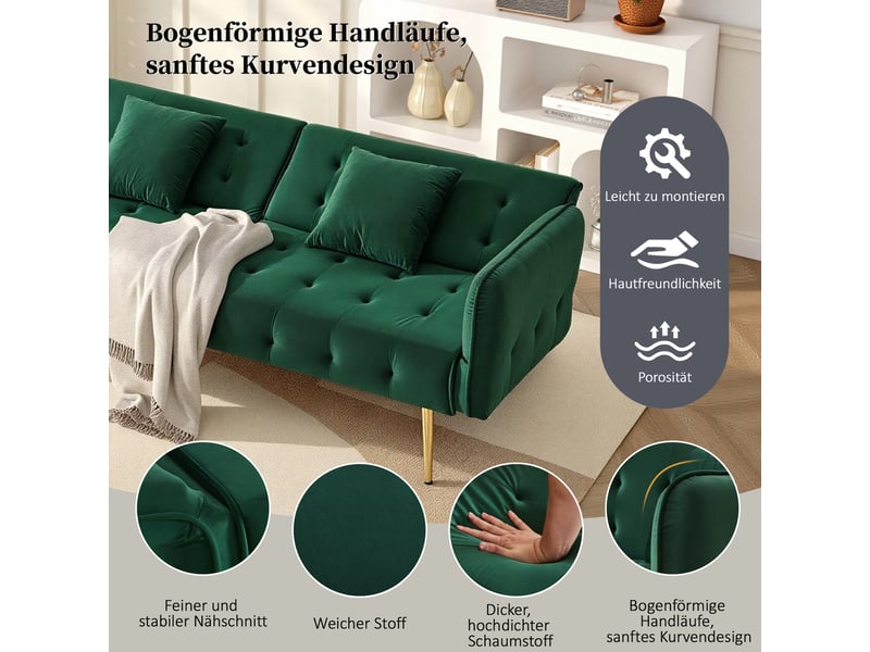  Canapé convertible 2 places vert - canapé-lit velours avec dos et accoudoirs réglables pour salon moderne  - Conforama E