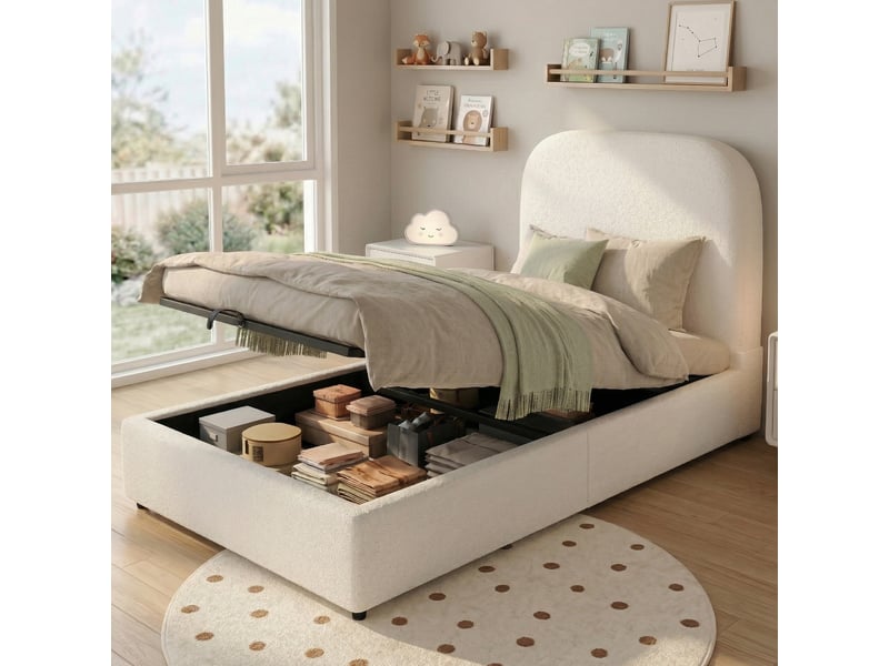  Lit coffre enfant 1 place 90×200 cm avec tête rembourrée - okmyhome- bouclette beige, sans matelas  - Conforama C
