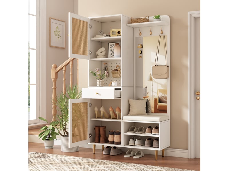  Vestiaire avec banc à chaussures et miroir 99x35x180 cm, blanc et naturel  - Conforama R