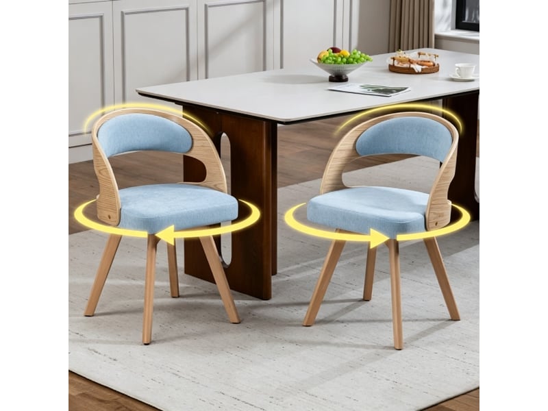  Ensemble table extensible 120-160 cm chêne clairnoyer + 6 chaises bois à assises pivotantes, coussin coton-lin bleu, pieds v rainurés  - Conforama W