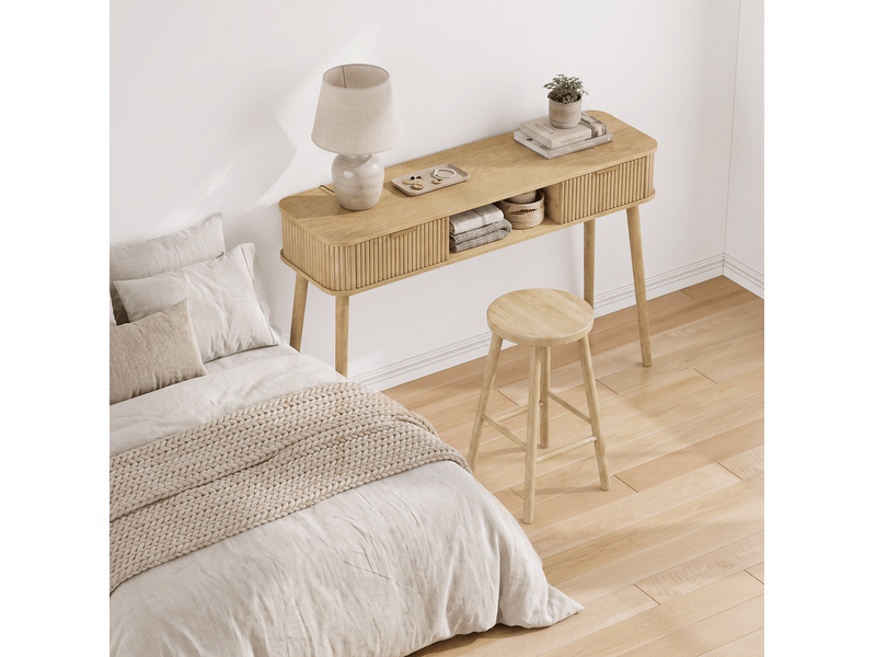  Console style mid-century, finition aspect chêne, 2 tiroirs et niche ouverte, 120 x 35 x 77,6 cm  - Conforama D