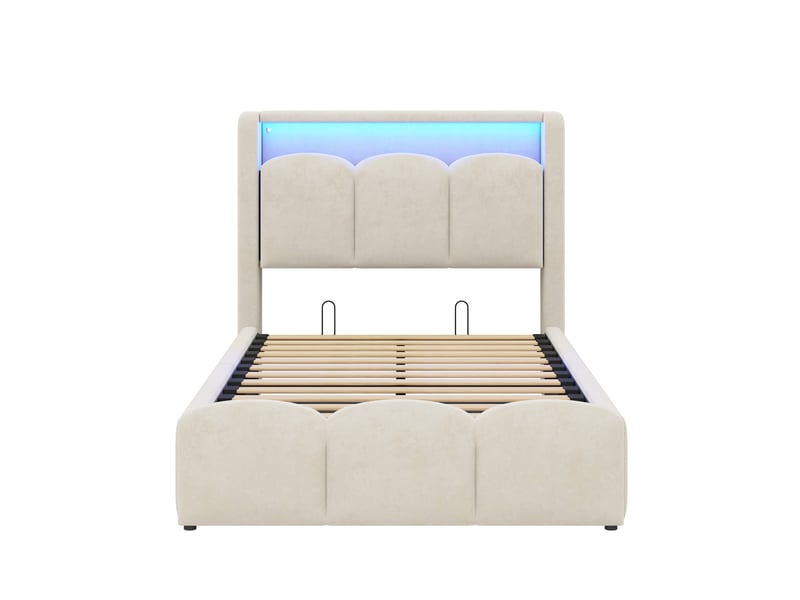 Lit enfant avec rangement 90 x 200 cm beige, en velours, ports usb type c et led à couleurs variables  - Conforama D