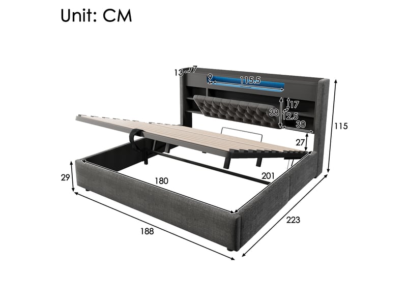  Lit coffre hydraulique 180x200 cm avec led, usb et usb-c, tête de lit avec rangements,gris  - Conforama C