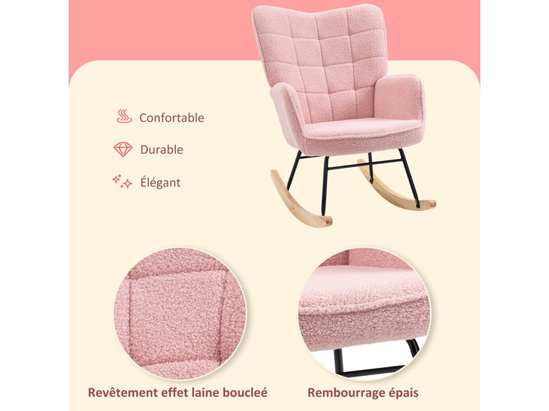  Fauteuil à bascule en tissu bouclé et acier rose 71 x 98 x 101 cm  - Conforama E