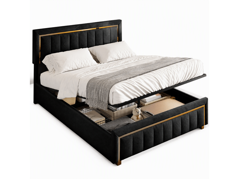  Lit coffre 160x200, lit 2 places avec rangement hydraulique, tête de lit et sommier à lattes, velours noir  - Conforama A