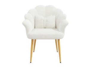Fauteuil moderne avec dossier pétale, accoudoirs, assise rembourrée, coussin nœud et pieds en métal doré, tissu bouclette teddy, blanc