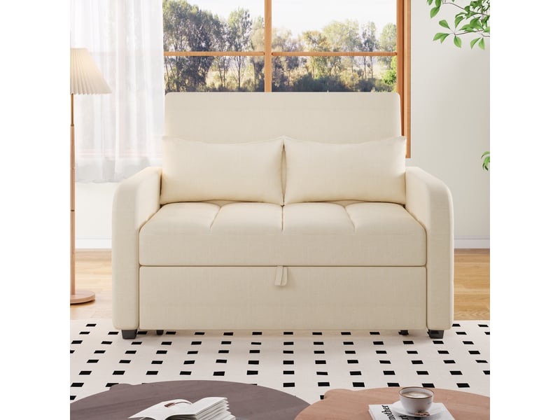  Canapé convertible 180 x 127 cm, couchage 110 x 180 cm, dossier réglable 3 positions, mousse haute densité, coton et lin, 2 coussins beige  - Conforama E