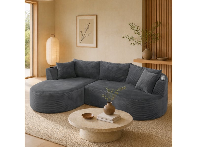  Canapé d'angle fixe 3 places avec méridienne gauche en velours côtelé gris 264 cm, porte-gobelets intégrés  - Conforama B