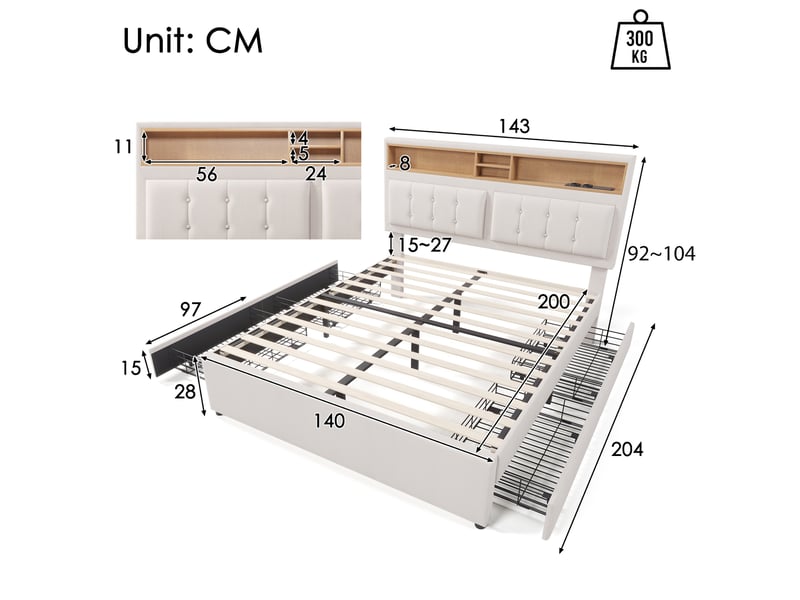  Lit adulte 140 x 200 cm avec 4 tiroirs, tête de lit réglable (±12 cm) et prise usb-c intégrée, lin beige, sans matelas  - Conforama C