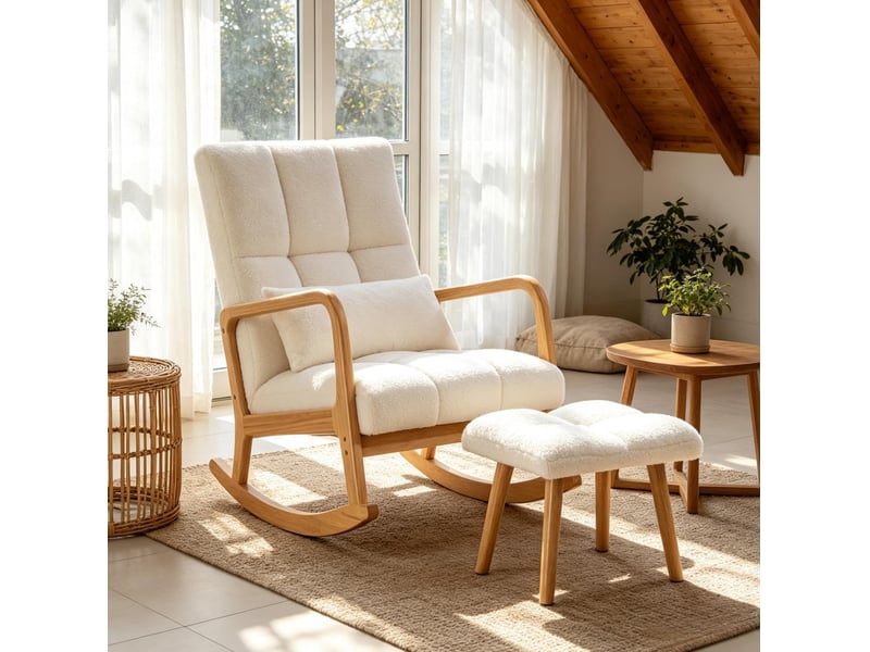  Fauteuil à bascule modenvie avec repose-pieds en tissu bouclette blanc  - Conforama D