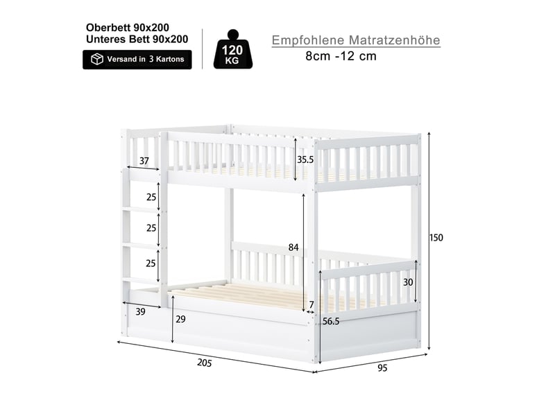  Lit superposé 90x200 cm en bois massif blanc avec rangement hydraulique  - Conforama C