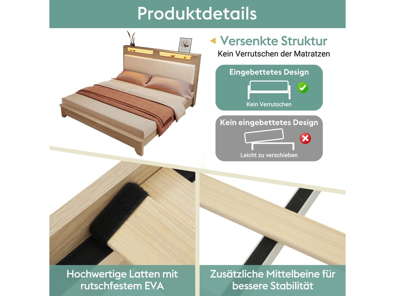 Lit 2 personnes 160x200cm avec led, tête de lit avec rangement et dossier en velours, couleur chêne clair, lit avec matelas - Conforama R