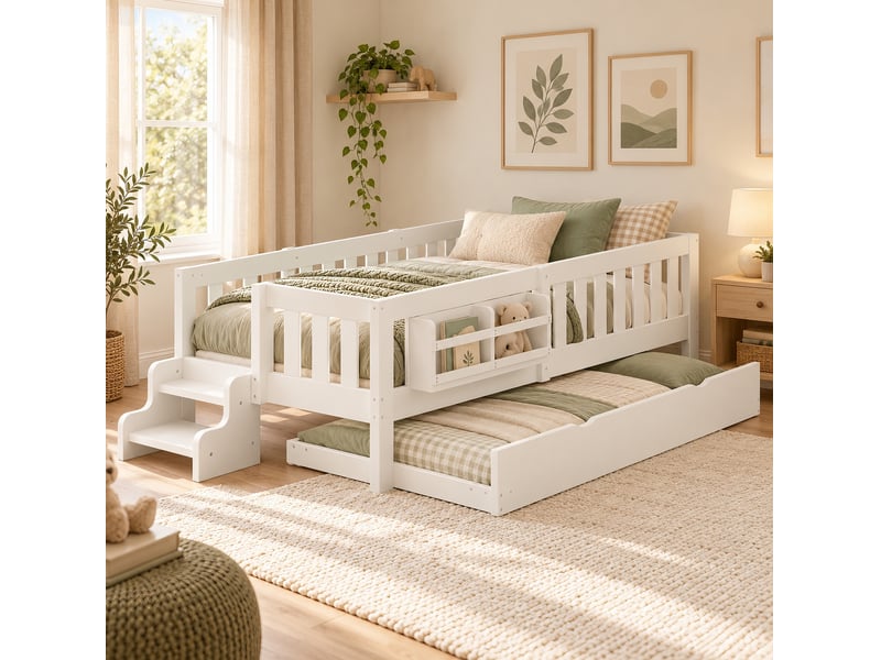  Lit enfant 90 × 200 cm avec lit gigogne, barrières de protection, escalier à deux marches et bibliothèque pour chambre  - Conforama D