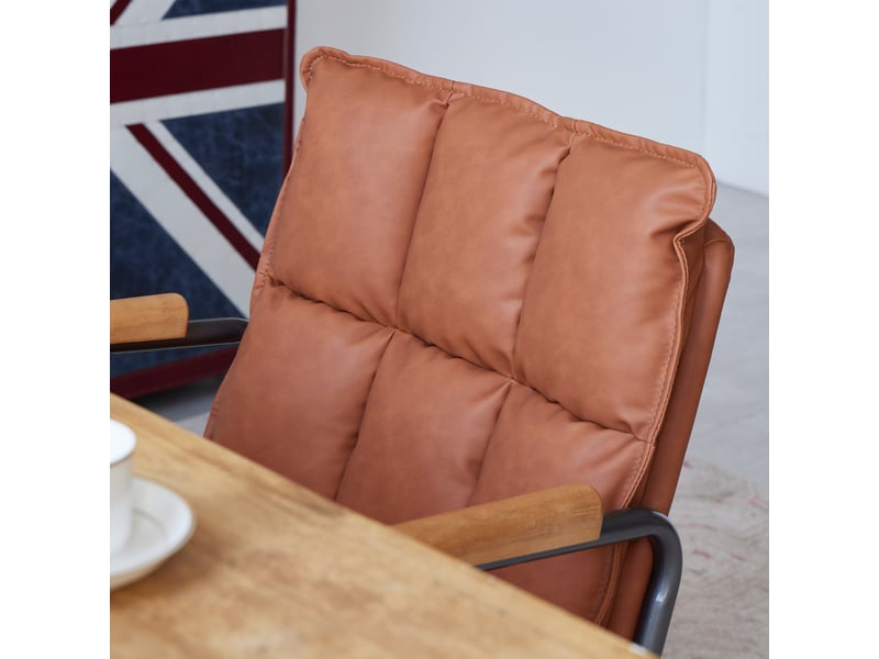  Fauteuil de bureau ergonomique en cuir marron avec accoudoirs en chêne, pivotant et réglable  - Conforama E