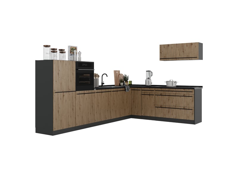  Vicco cuisine en angle, chêne artisananthracite, 327 x cm plan de travail chêne doré  - Conforama E