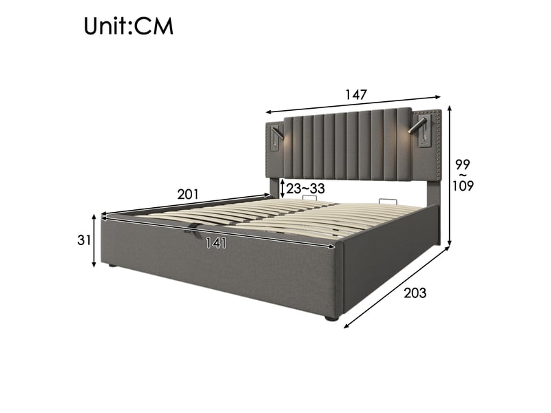  Lit coffre 140 × 200 cm 2 places avec rangement, led, 2 usb et 2 type-c, matelas inclus, tissu gris  - Conforama D
