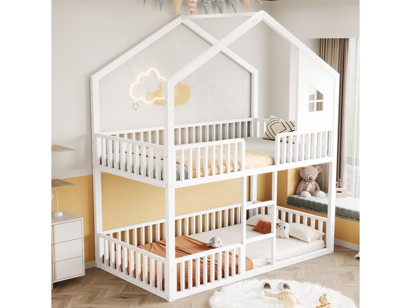Lit superposé 90x200 cm - cadre de lit en métal - avec barrières de sécurité - blanc (matelas non inclus) - Conforama D