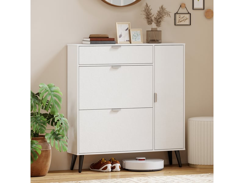  Meuble à chaussures étroit avec 2 compartiments rabattables, portes en cuir litchi et étagères réglables, blanc  - Conforama C
