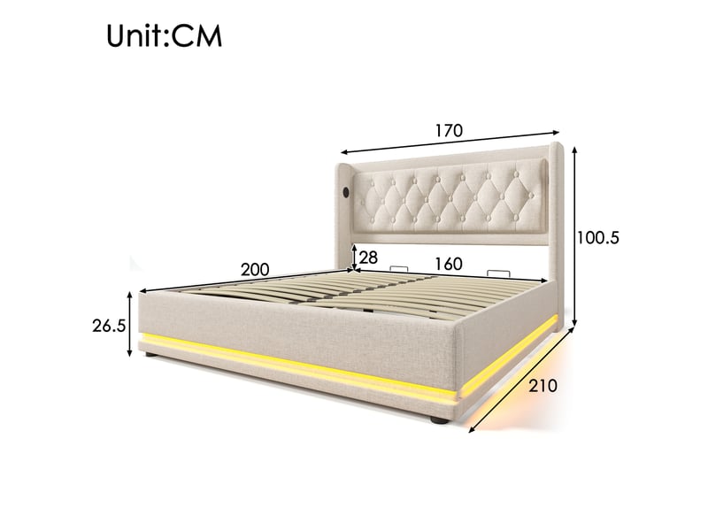  Lit double 160x200 cm avec rangement hydraulique, port usb type-c, led 3 côtés, coton beige, sans matelas  - Conforama E