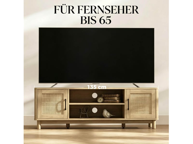 Meuble tv à 2 portes, niches ouvertes et passe-câbles, finition chêne clair, panneaux de particules 135 × 39 × 45 cm - Conforama D