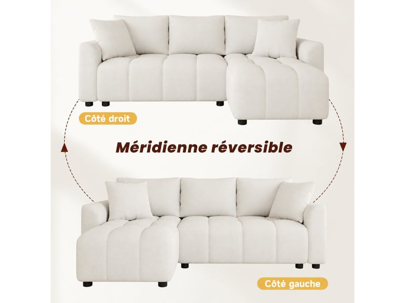  Canapé d’angle modulable, 3 places, avec 2 coussins et coffre de rangement beige en chenille  - Conforama E