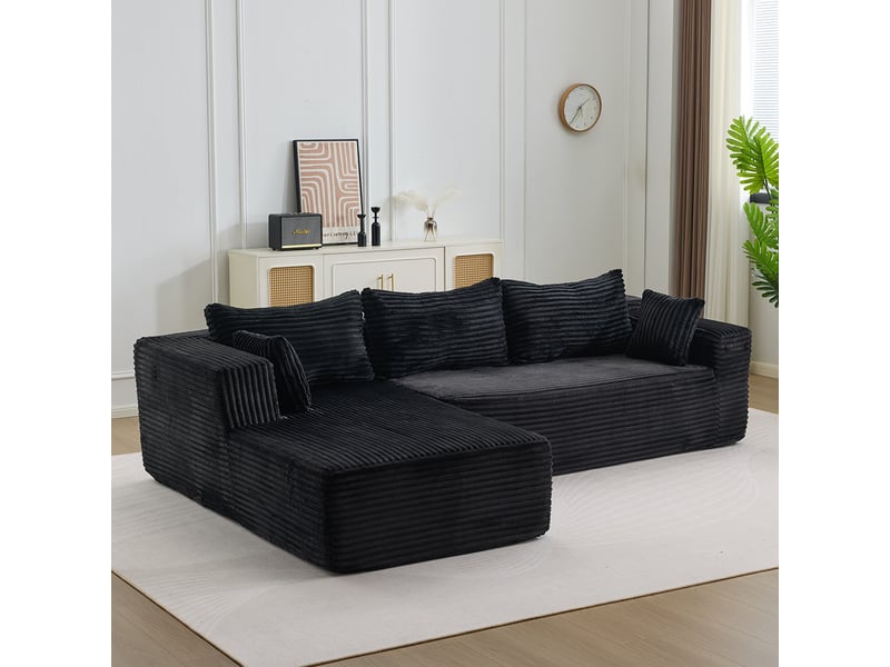  Canapé d’angle corda, noir, modulable, chaise longue, assise profonde, sans structure, velours côtelé  - Conforama B
