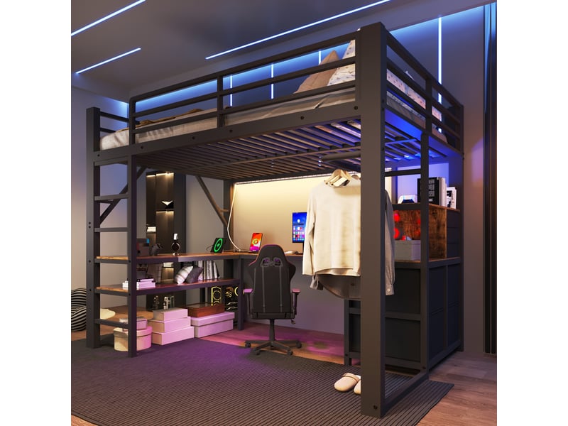  Lit mezzanine gaming 140x200cm avec bureau d'angle, 7 tiroirs tissu, led, prises eu et penderie, norme en 747, métal, noir et marron vintage evarich - Conforama E