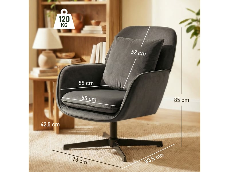  Fauteuil pivotant en velours et métal gris foncé 83,5x73x85 cm  - Conforama C