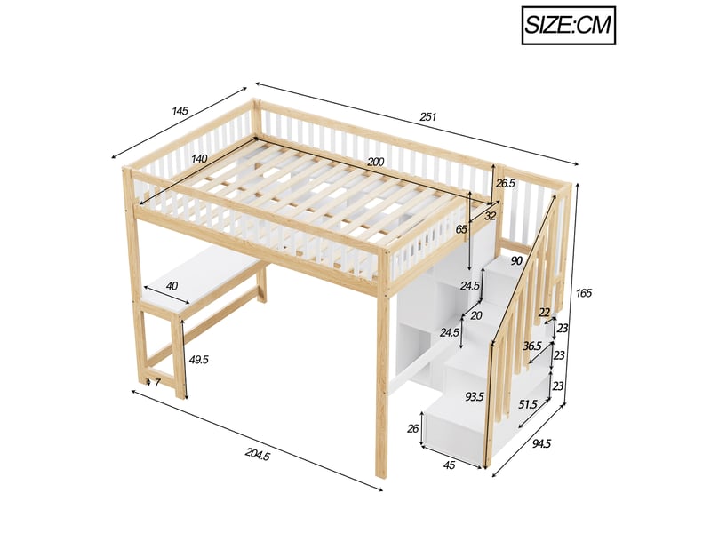  Lit mezzanine 140x200 cm avec bureau, escalier de rangement, led, bois de pin et mdf, blanc et naturel, sans matelas  - Conforama C