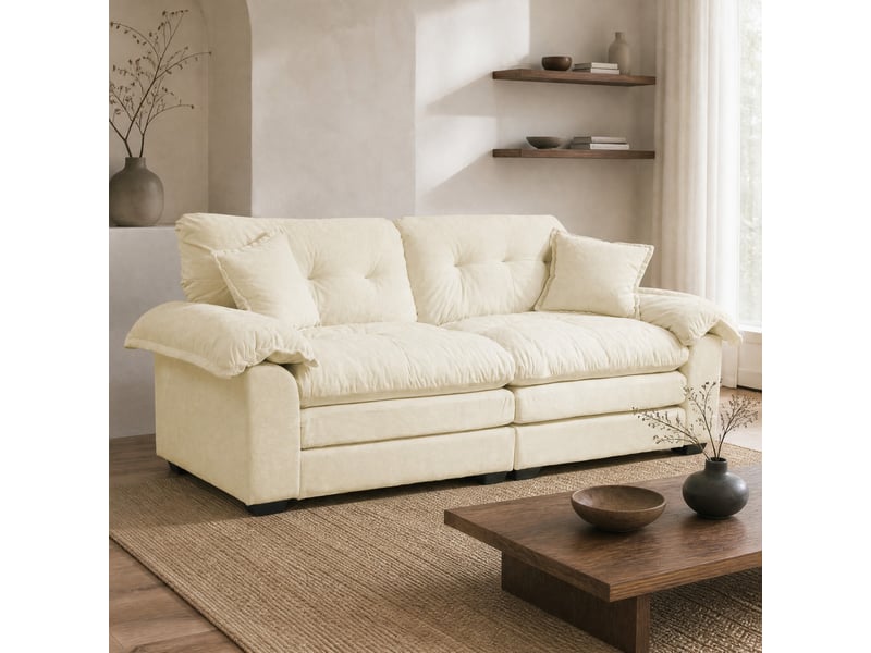 Canapé droit 2 places à assise profonde avec coussins amovibles  - mousse mémoire, chenille beige 214 × 89 × 93 cm  - Conforama B