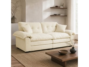 Canapé droit 2 places à assise profonde avec coussins amovibles - mousse mémoire, chenille beige 214 × 89 × 93 cm