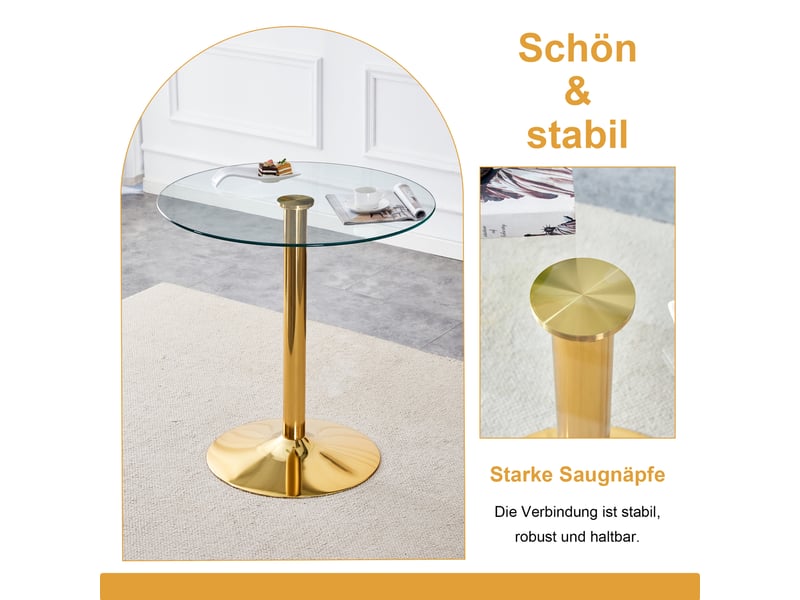  Ensemble table de bar avec 2 tabourets transparents, table haute ronde en verre de 89 cm, structure dorée avec repose-pieds  - Conforama R