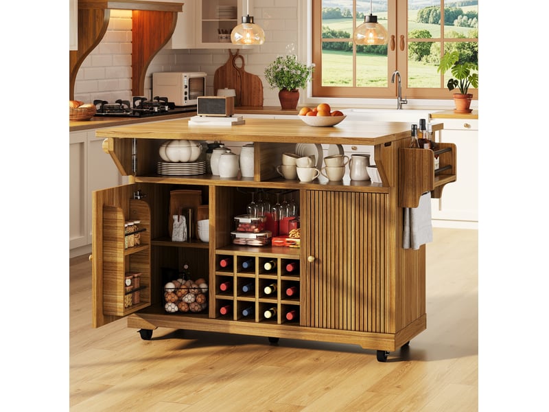  Desserte de cuisine 142,5 x 80 x 95 cm marron foncé, mdf et métal, plateau extensible sur roulettes  - Conforama B