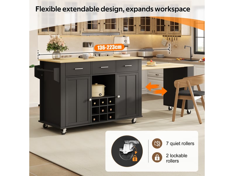 Îlot de cuisine mobile noir et bois naturel en mdf, plateau extensible, 3 tiroirs, prise intégrée, 136 (223) × 50 × 93 cm - Conforama E