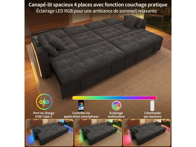Canapé d'angle convertible 4 places 262,5x140x89 cm en chenille, canapé-lit avec 2 couchages escamotables, dossier réglable, led, usb type-c -gris - Conforama E
