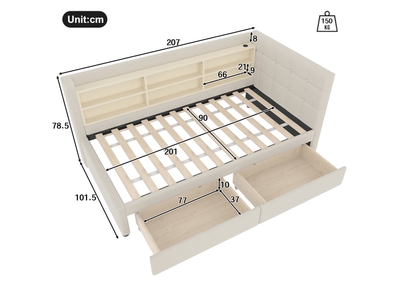  Lit enfant 90x200 cm, avec lit simple, 2 tiroirs, ports usb-c, étagères tête de lit, lin et mdf, beige, sans matelas  - Conforama C