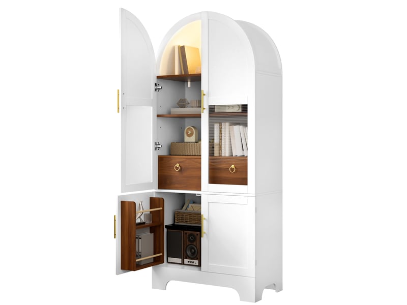  Buffet 76x40x180 cm avec façade en verre, éclairage led, 4 portes et 1 tiroir, mdf et panneau de particules, blanc  - Conforama A