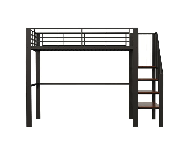  Lit mezzanine 140 x 200 cm gain de place rangement sous-lit métal et bois robuste escalier intégré noir sans matelas  - Conforama E