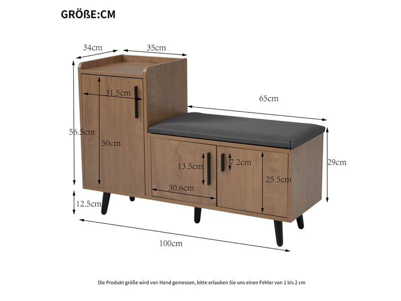  Banc à chaussures avec assise rembourrée, 3 portes, largeur 100 cm, coloris naturel  - Conforama E