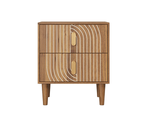 Table de chevet 2 tiroirs 48x38x56 cm, design bohème, surface mélaminé, poignées dorées, mdf, marron placage noyer