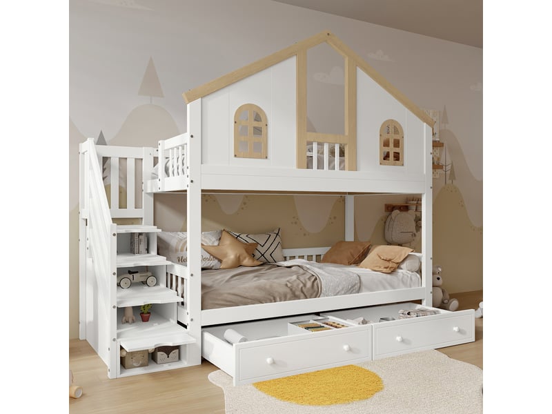  Lit superposé enfant 90 x 200 cm, design cabane, escalier de rangement, grands tiroirs, fenêtres, blanc et bois naturel Morn Vibe - Conforama E
